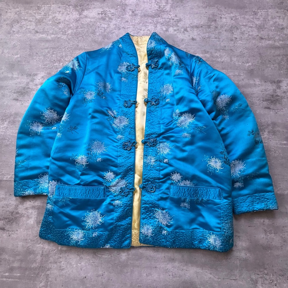 Peony Quilted Silk Jacket Large Blue Floral Embroidery Frog Closure Vintage